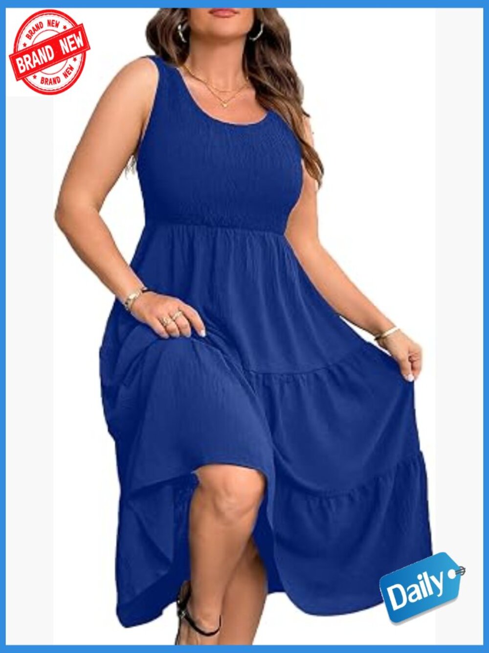 Plus Size Sleeveless Smocked Tank Midi Dress Flowy Beach Sundress